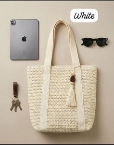 White Woven <b>Straw</b> Tote <b>Bag</b> Tassel Handle Shoulder Handbag for Beach Travel Daily Use - Product Image 3