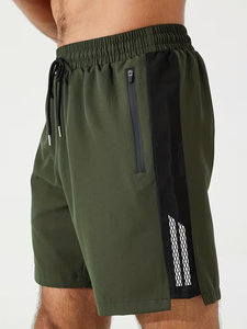 Men Green Sport <b>Shorts</b> Mid Waist Drawstring Quick Dry With <b>Zip</b> <b>Pocket</b> Color Blocked Design - Product Image 1