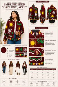 Hand Embroidered Corduroy <b>Jacket</b> <b>Mandarin</b> <b>Collar</b> Full Sleeve Zipper Closure Summer Vacation Style Women's <b>Jacket</b> - Product Image 4