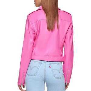 Veste moto en cuir PU rose pour femme, écologique, imperméable, manches longues, fermeture éclair, col rabattu, couleur unie, style automne - Product Image 5