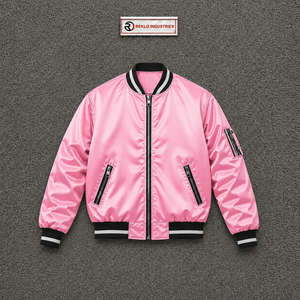 Veste universitaire en satin rose premium pour hommes et femmes, sur mesure, vente en gros, veste bomber brillante avec col et poignets côtelés rayés noir et blanc - Product Image 5