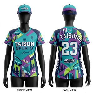 Maillot de golf féminin 160 GSM en polyester premium, respirant et anti-humidité, beige et turquoise, avec motif géométrique sublimé - Product Image 3