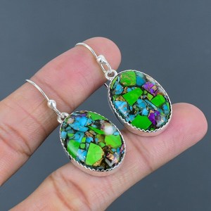 Boucles d'oreilles artisanales en turquoise verte, argent sterling 925, cuivre, pierres précieuses, bijoux uniques, élégants et tendance - Product Image 5