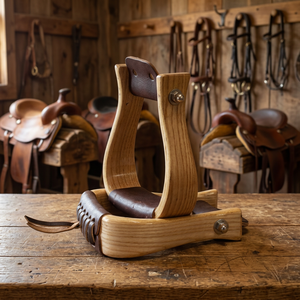 Estribos Euro Cavall Industries ECI-WS-001001 de alta calidad, de madera natural brillante, con base plana y revestimiento de cuero, estilo western. - Product Image 2