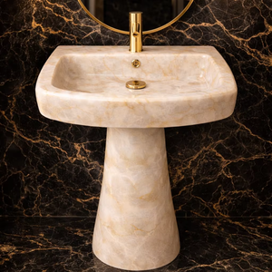 Vasque de salle de bain sur piétement en onyx naturel de luxe avec robinet doré, lavabo moderne en marbre - Product Image 1