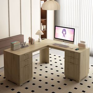 Escritorio de Estudio Moderno en Forma de L con Cajones y Estantería para Libros, Ideal para Oficina en Casa - Product Image 1