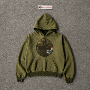 Wholesale Olive Green Men's Hooded Printed Embroidered Cross Logo Oversized Casual Hoodie 100% Cotton Vintage Washed Distressed - Product Image 5
