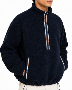 <b>Men's</b> Premium Navy Blue Sherpa Fleece <b>Half</b> <b>Zip</b> Pullover Sweatshirt Warm Teddy <b>Jacket</b> Soft Winter Breathable Washed Zipper High - Product Image 4