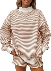 Conjunto de Pantalones Cortos y Sudadera de Cuello Alto para Mujer al por Mayor, con Logotipo Personalizado, Rayas, Manga Larga, Traje Deportivo de Dos Piezas - Product Image 4