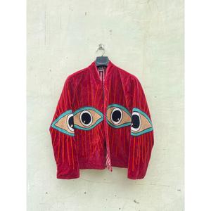 Chaqueta Bomber Roja de Terciopelo con Patrón Geométrico Bordado, Forro de Algodón Ecológico, Manga Larga, para Mujer, Invierno - Product Image 1