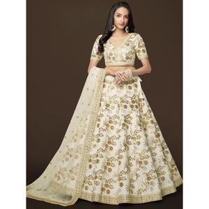 Adorable <b>White</b> Sequins Slub Silk Engagement Wear Lehenga Choli - Product Image 2