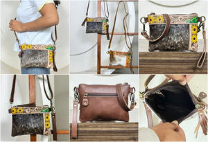 Sac bandoulière en cuir de vachette véritable de qualité supérieure, fait main, avec poignet, motif tournesol, petit sac bandoulière en cuir véritable pour femmes - Product Image 3