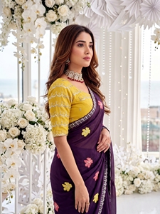 Sari brodé de fleurs violettes avec chemisier jaune, tenue de mariage indienne traditionnelle pour femmes, en polyester - Product Image 2
