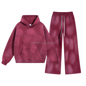 Haute qualité à la mode Vintage en détresse lavage à l'acide 360GSM polaire coton athlétique surdimensionné sweats à capuche et pantalons de survêtement Legging ensemble - Product Image 2