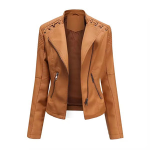 Blouson bomber coupe-vent en cuir PU noir pour femme, manches longues, col en V, fermeture éclair, couleur unie, longueur normale, col montant - Product Image 4