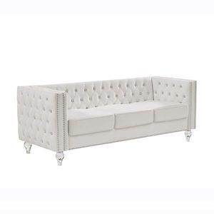 Beige Velvet Crystal Buckle Three-Seat <b>Sofa</b> with Removable Cushion and Two Plush <b>Pillows</b> Crystal Feet for Living Room - Product Image 5