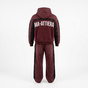 Men Burgundy <b>Black</b> Camouflage <b>Zip</b> <b>Up</b> <b>Hoodie</b> Tracksuit Set Loose Fit Streetwear Panel Design Custom OEM ODM Wholesale - Product Image 4