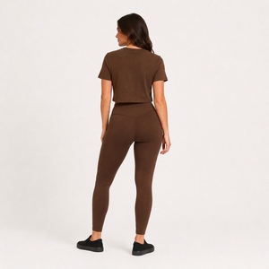 Women's Brown 2-Piece <b>Crop</b> <b>Top</b> Leggings Set Short Sleeve Crew Neck Solid Woven Spandex Casual Workout Yoga Skinny Fit Breathable - Product Image 2