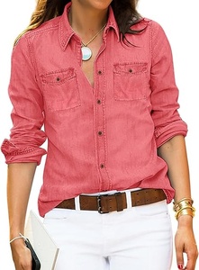 Chemise boutonnée en coton rouge pour femmes, manches trois quarts, couleur unie, col rabattu, coupe régulière, hauts de loisirs toutes saisons - Product Image 6