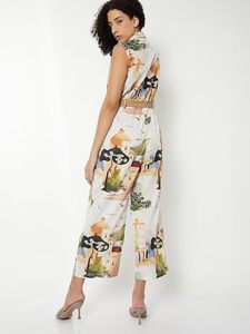 Combinaison bohème sans manches en mousseline pour femme, taille haute, motif peint à la main, longueur mi-mollet avec ceinture, coupe ample printemps-été - Product Image 2