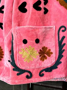 Vintage Pink <b>Velvet</b> Embroidered Floral Suzani <b>Jacket</b> With Handmade Pattern Boho Full Sleeve O-Neck <b>Women's</b> Autumn Outerwear - Product Image 3