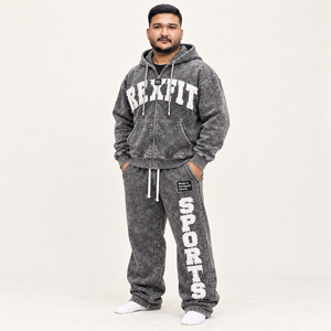 Heavyweight Fleece Unisex Tracksuit Acid Wash Custom <b>Full</b> <b>Zip</b> <b>Hoodie</b> Applique Relaxed Sweatpants Casual Streetwear Set - Product Image 2