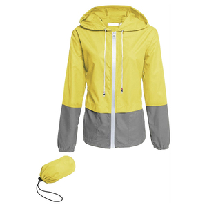 Veste de randonnée imperméable à capuche contrastée jaune et gris pour femme, manches longues, fermeture éclair, coupe classique, longueur normale - Product Image 1