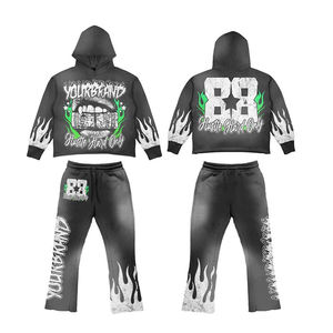Custom Heavyweight <b>Oversized</b> Acid Wash Screen Printing Sleeve Embroidery Rhinestone Distressed <b>Sweatpants</b> and Hoodie Set - Product Image 4