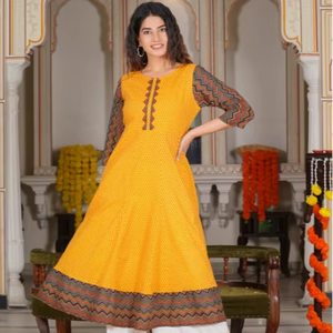 Kurta Anarkali pour femmes en coton moutarde à imprimé géométrique zig-zag, col, manches trois-quarts, été, séchage rapide, matériaux recyclés - Product Image 1