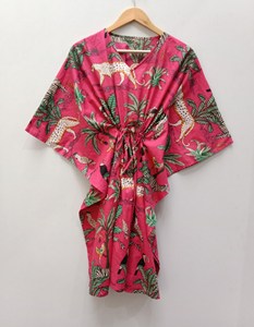 Vestido Kaftán de Algodón 100% con Estampado de Selva, Hecho a Mano en India, Ropa de Playa de Verano, Estilo Bohemio, Corte A, Talla Grande, Largo hasta la Rodilla - Product Image 1