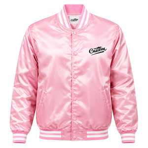 Chaqueta Varsity Rosa de Satén Personalizada para Hombre, Cuello Alto, Cierre de Pullover, Logotipo Bordado en la Parte Delantera, Estilo Bomber Informal para Invierno - Product Image 3