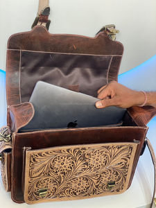 Conjunto de maletín y equipaje de cuero con herramientas manuales de alta calidad, bolsos con ruedas florales occidentales con combinación de maleta de viaje Vintage de piel de vaca - Product Image 5