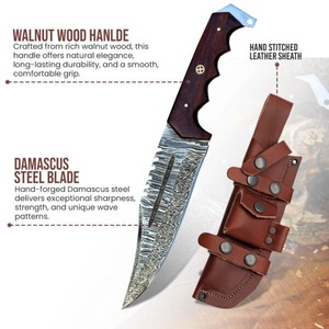 Couteau de camping artisanal de qualité industrielle OEM, 9 pouces, acier Damas, lame à pointe clip, manche en bois, étui en cuir, art viking FH-96 - Product Image 4