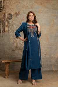 Blue Cotton Ethnic <b>Kurta</b> Palazzo Set with Hand Drawn Print and Dupatta for <b>Women</b> Casual Wear - Product Image 3