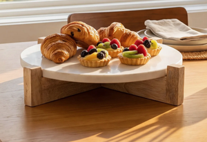Support à gâteau minimaliste blanc et bois, plateau rond pour présentation alimentaire, idéal pour les buffets d'hôtel, la restauration et le thé de l'après-midi - Product Image 5