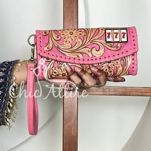 OEM ODM Hand Tooled Leather Clutch for Women's Floral & 777 Design Cowhide Fur Leather Card Holder Luxury <b>Wristlet</b> Wallet Purses - Product Image 1