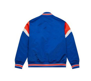 Veste universitaire en satin bleu pour homme, avec bordures rouges et blanches, coupe décontractée, pour l'automne, fermeture éclair simple, poches zippées - Product Image 6