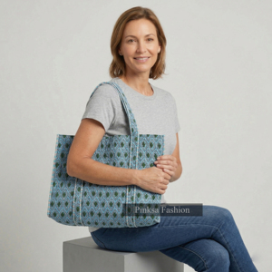 กระเป๋าผ้าฝ้ายพิมพ์ลายบล็อกด้วยมือ ทรงโท้ทขนาดใหญ่ สะพายไหล่ได้  กระเป๋าถือสำหรับผู้หญิง เป็นมิตรกับสิ่งแวดล้อม ใช้ได้ทั้งไปทะเลและใส่ของชำ - Product Image 1