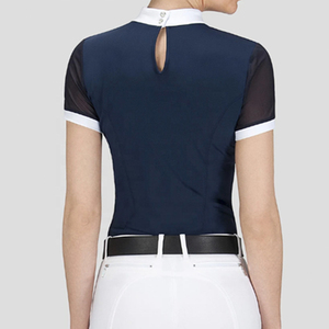 Camisa de equitación para mujer, corte ajustado, que absorbe la humedad, manga corta, color azul marino sólido con ribete blanco - Product Image 2