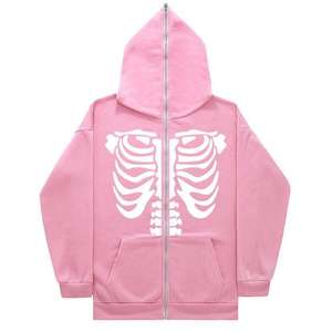 เสื้อฮู้ดซิปสีน้ำเงินกรมท่าสำหรับผู้ชาย พิมพ์ลายโครงกระดูกสีขาว สไตล์ลำลอง สตรีทแวร์ ทรงปกติ ผ้าถักเนื้อฝ้าย - Product Image 5