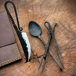 4PCS Hand Forged Iron Steel Medieval <b>Dining</b> <b>Set</b> Rustic Camping Utensils with Leather Roll Pouch Viking Style <b>Outdoor</b> Gift - Product Image 1