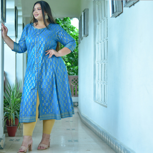 Kurta Anarkali de Algodón Color Verde Azulado, Talla Grande para Mujer, Estampado Floral Dorado, Cuello Redondo, Mangas Tres Cuartos, Ropa Casual para Fiesta - Product Image 1
