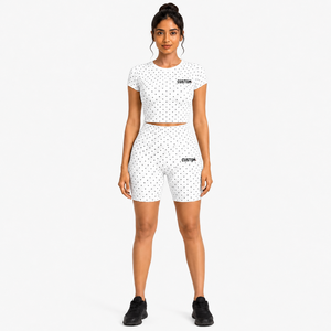 Trendy Women Polka Dot Yoga Set Short Sleeve Crop <b>Top</b> High Waist Biker Shorts Workout Activewear Custom Fitness Clothing Factory - Product Image 2