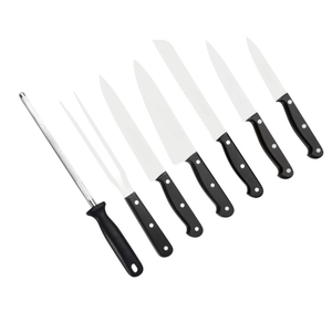 Ensemble de couteaux de cuisine en acier inoxydable avec manches ergonomiques noirs, support de rangement en bois et aiguiseur pour la préparation des aliments - Product Image 5