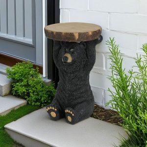 Tavolino/Sgabello a Piedistallo Orso Nero Dipinto a Mano in MGO, Statua Scultura per Casa, Ufficio e Esterni - Tavolino Laterale Orso Nero - Product Image 1
