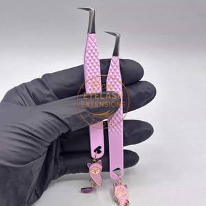 Pince à épiler rose pour extensions de cils, en acier inoxydable, pointe de précision, antidérapante, avec breloque chat - Product Image 2