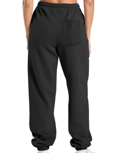 Pantalon de survêtement noir large pour femme, taille haute, ceinture élastique, décontracté, avec poches, logo personnalisé, OEM ODM, vente en gros - Product Image 2