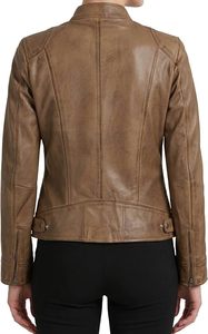 Women's Genuine Leather Motorcycle Jacket Brown Stand Collar <b>Zipper</b> Closure Full Sleeve Biker Style Autumn Wear - Product Image 3