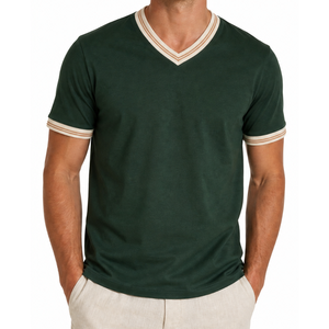 Stylish trendy Men's Dark Green V-Neck T-Shirt with Cream and Tan Double Stripe Ribbed v neck and Sleeve Cuffs - Product Image 4