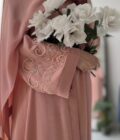 Abaya ample rose unie brodée en polyester pour femme, robe islamique à manches longues et devant ouvert, élégante pour la prière et les fêtes de l'Aïd - Product Image 3